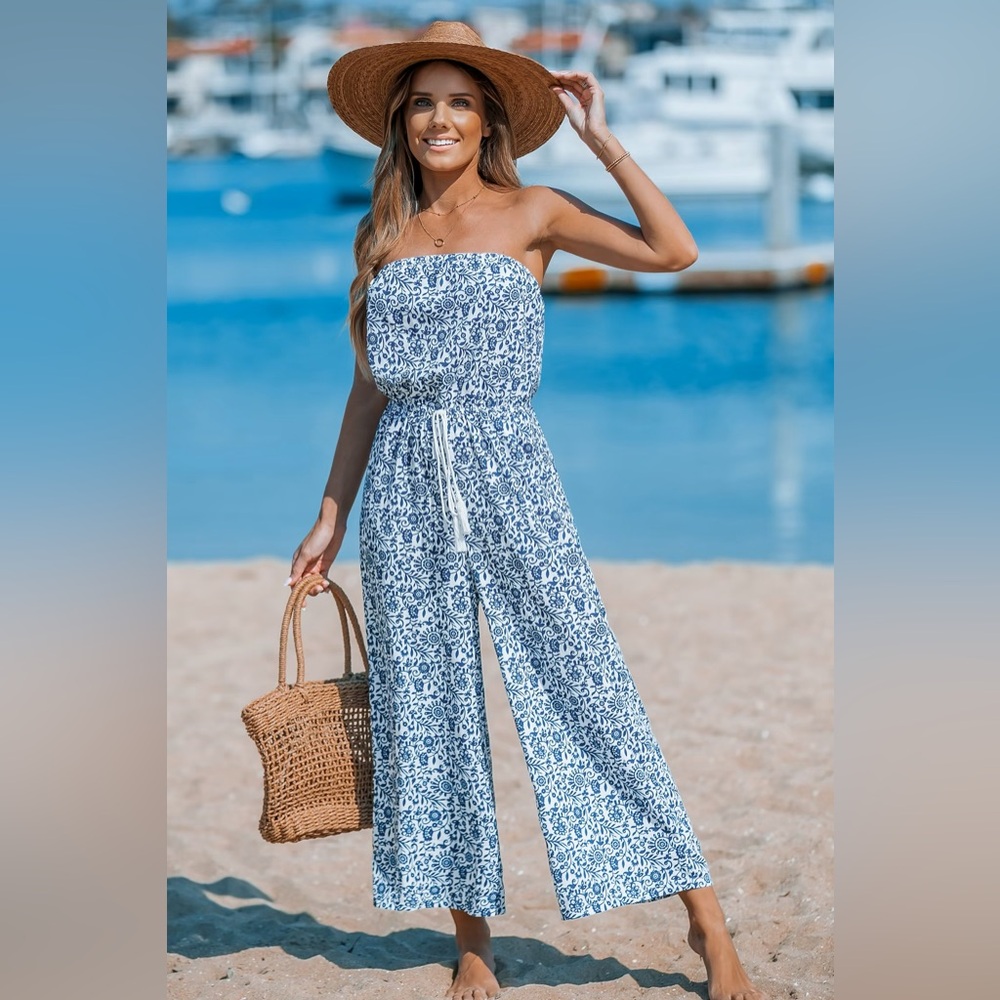 Blue Floral Swirl Tube Top Wide Leg Jumpsuit